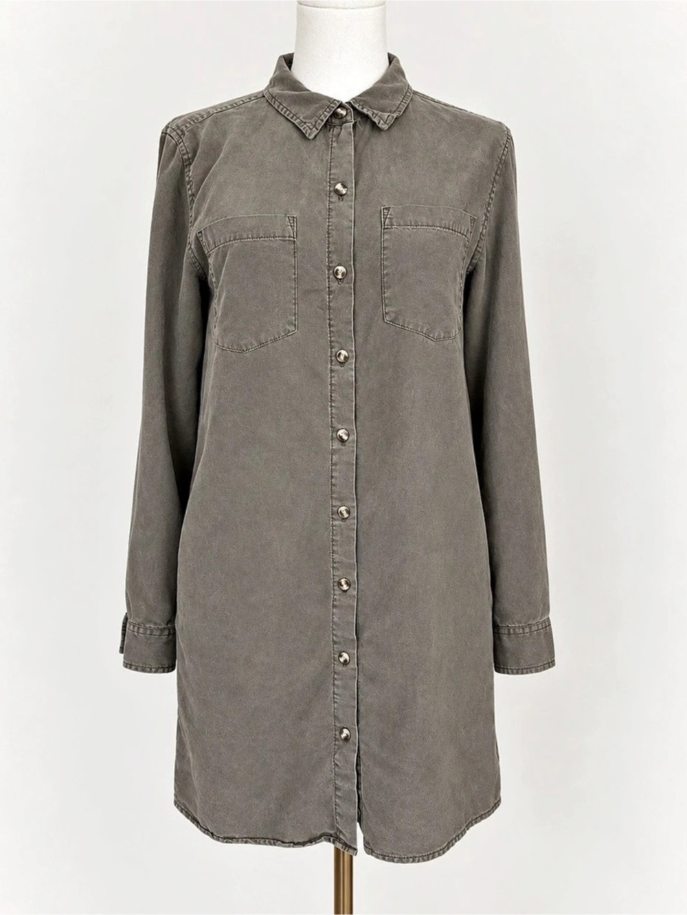 Thread + Supply Small Olive Lyocell Button Front Long Shirt Tunic Utility Dress